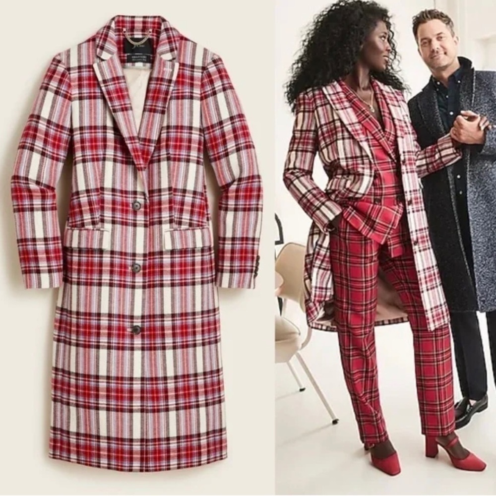 J. Crew Alfie Topcoat in Vintage plaid Italian wool Ivory Red